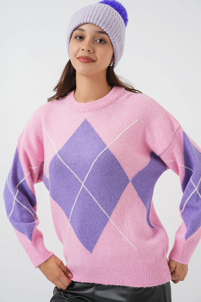 Bigdart Camisola Rosa Xadrez Com Decote Crew Roupas por atacado A relaxar