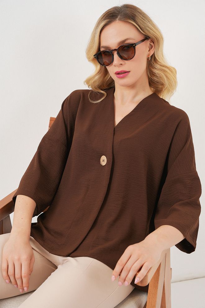 Bigdart Brown Ethnic Kimono With V Neck And Buttoned Closure Wholesale Clothing Modest