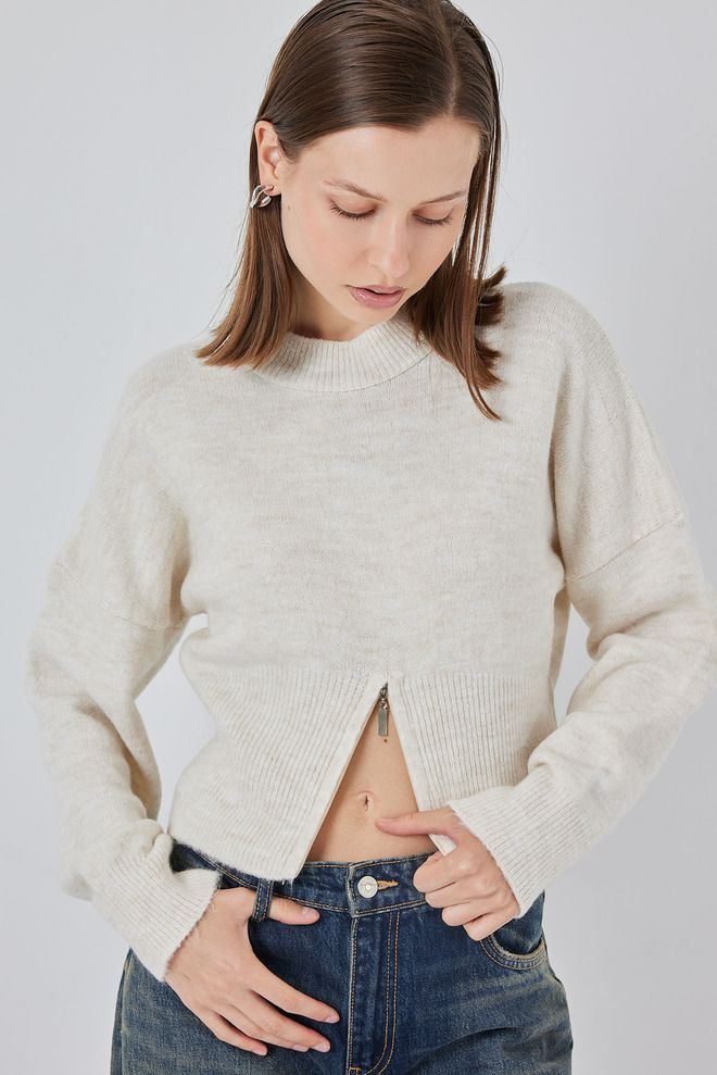 Bigdart Beige Casual Streetwear Sweater With High Neck Wholesale Clothing Casual