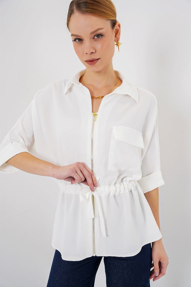 Bigdart Chemise Blanche Avec Fermeture Éclair Et Manches 3/4 Vêtements en gros Décontracté