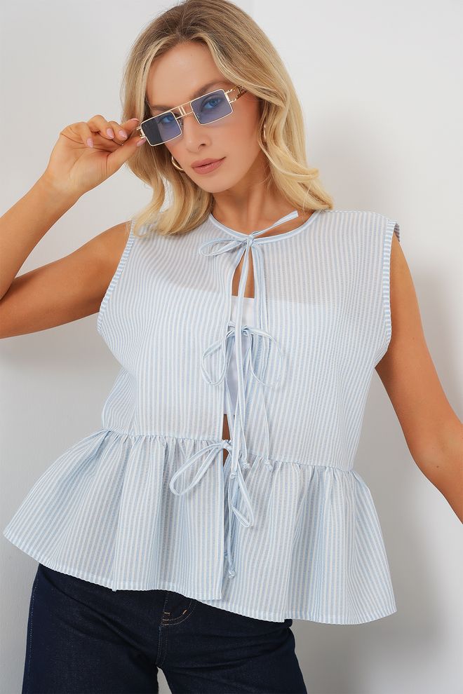 Bigdart Blue Striped Sleeveless Cap Sleeve Blouse Wholesale Clothing Casual