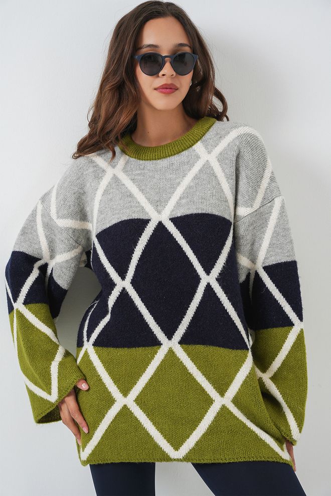 Bigdart Grey Checkered Oversized Fit Sweater Wholesale Clothing Casual