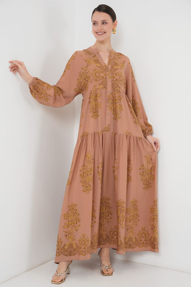 Bigdart Beiges Ethno Elegantes Shift Kleid Mit Blumenmuster Großhandelskleidung Modest