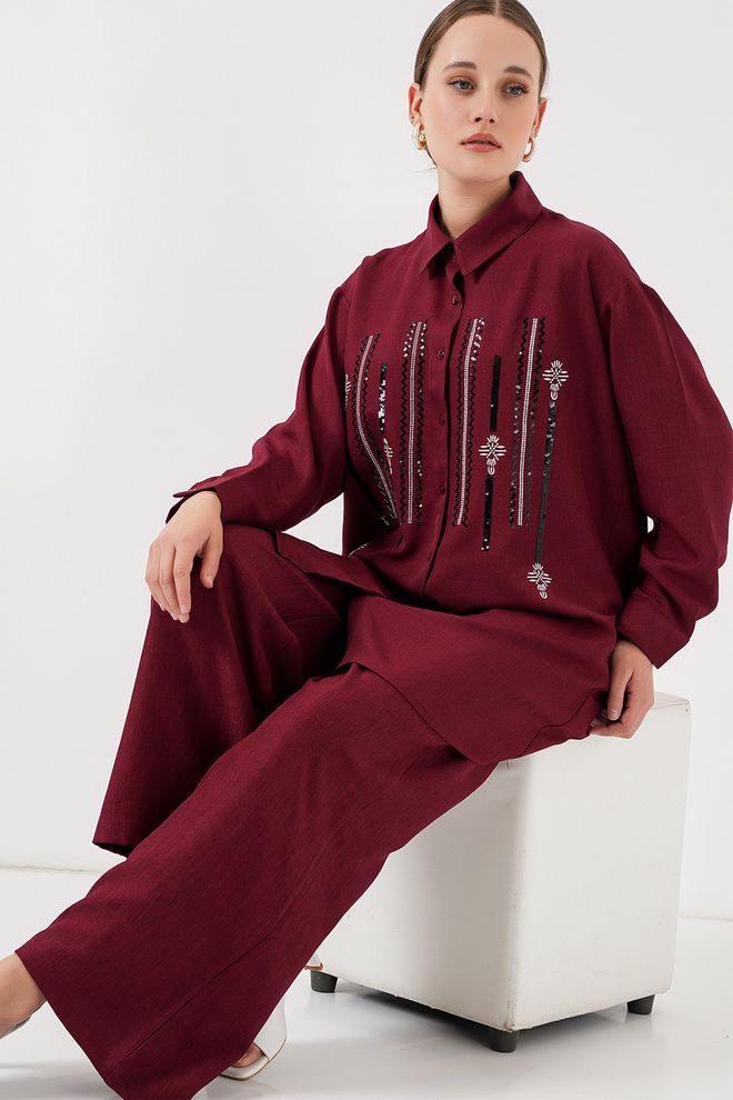 Bigdart Costume Rouge Bordeaux Ethnique Rayé Avec Pantalon Palazzo Vêtements en gros Modeste