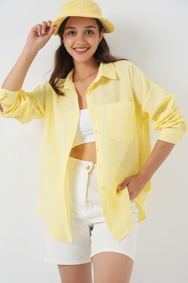 Bigdart Жълта Небрежна Риза С Копчета И Oversized Кройка Дрехи на едро Свободно време