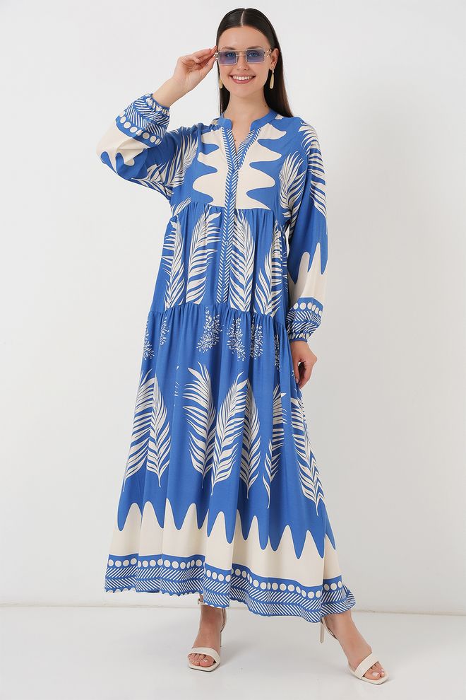 Bigdart Blaues Ethnisches Smock Kleid Mit Blumenmuster Großhandelskleidung Modest