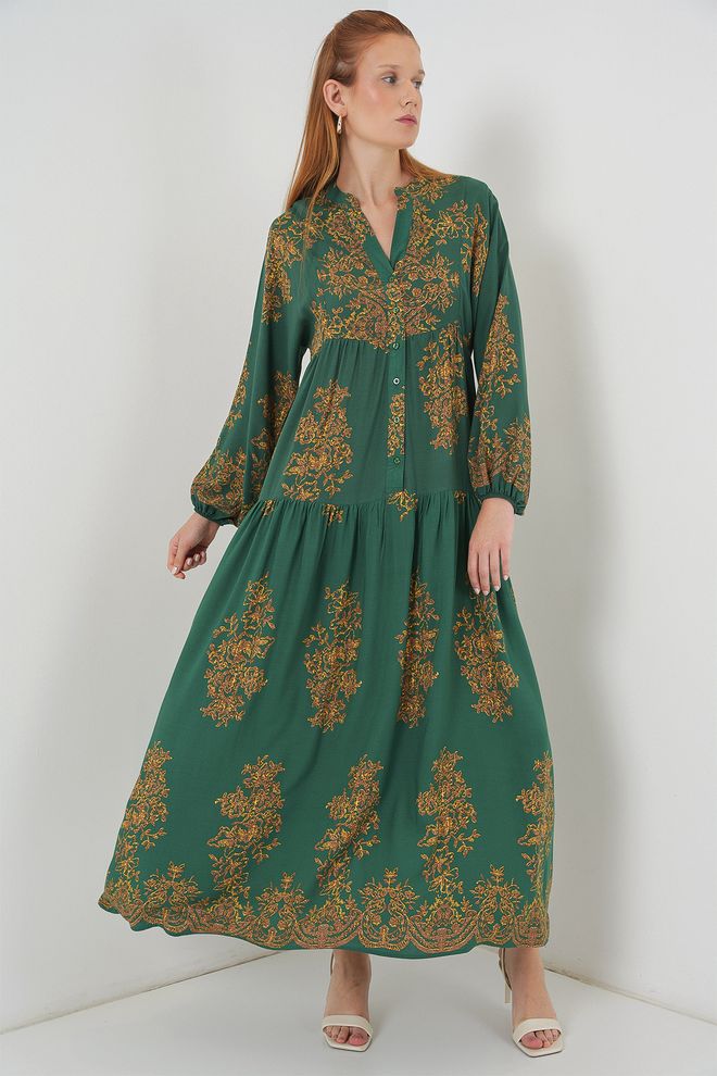 Bigdart Yeşil Boho Çiçekli Smock Elbise Hakim Yakalı Toptan Giyim Tesettür