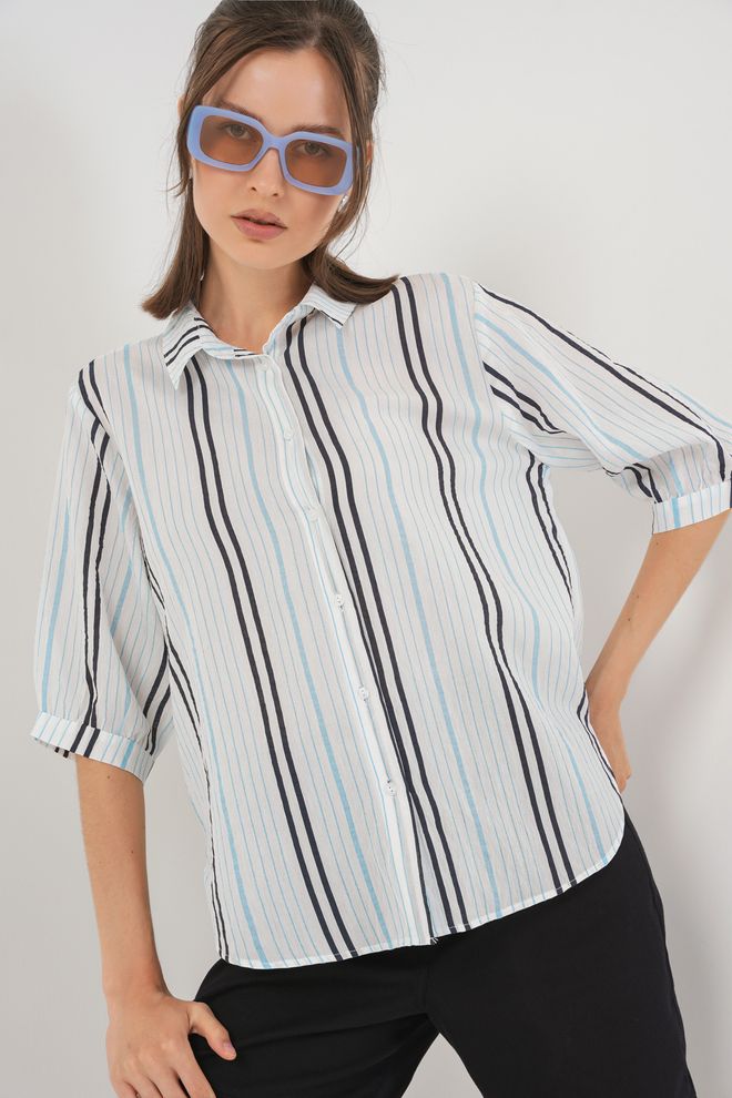 Bigdart Chemise Blanche Rayée Col Polo Manches 3/4 Vêtements en gros Décontracté