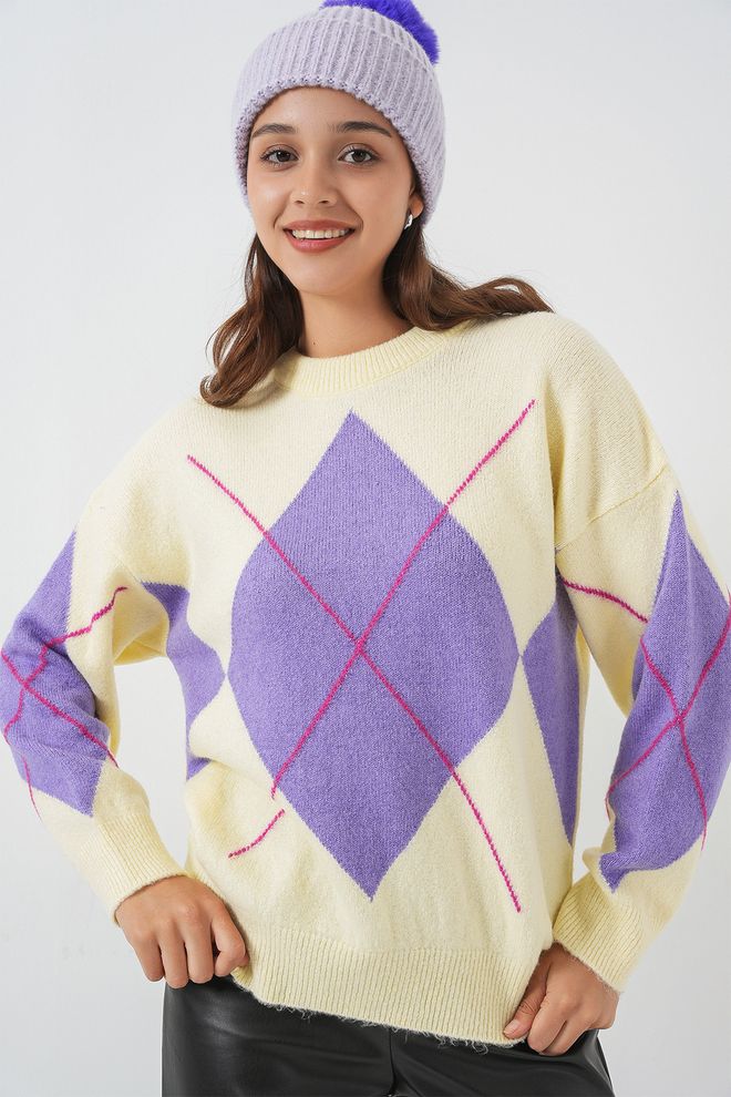 Bigdart Beige Checkered Oversized Fit Sweater Wholesale Clothing Casual