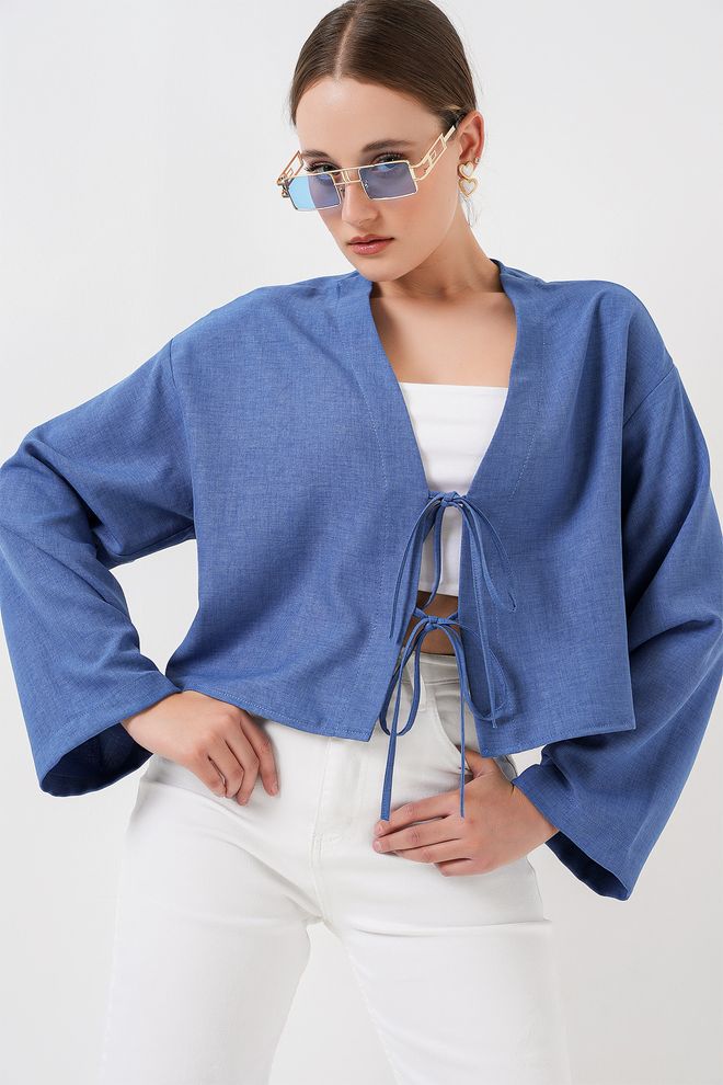 Bigdart Bağlamalı Keten Kimono 960 İndigo Toptan Giyim 0