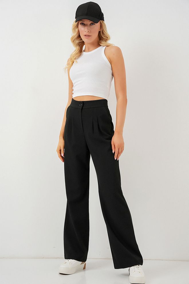 Bigdart Pantaloni Palazzo Neri Con Gamba Larga E Chiusura Con Bottoni (Black Palazzo Pants With Wide Leg And Buttoned Closure) Abbigliamento all'ingrosso Casuale