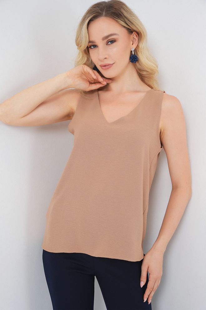 Bigdart Béžová Blúzka S V výstrihom Bez Rukávov S Cap Sleeve Rukávom Veľkoobchod s oblečením Skromný