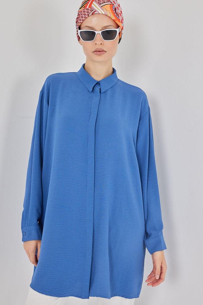 Bigdart Mavi Oversized Kesim Polo Yaka Tunik Toptan Giyim Tesettür