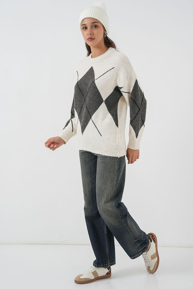 Bigdart Camisola Branca Argyle Com Decote Redondo Corte Casual Vintage Roupas por atacado 1