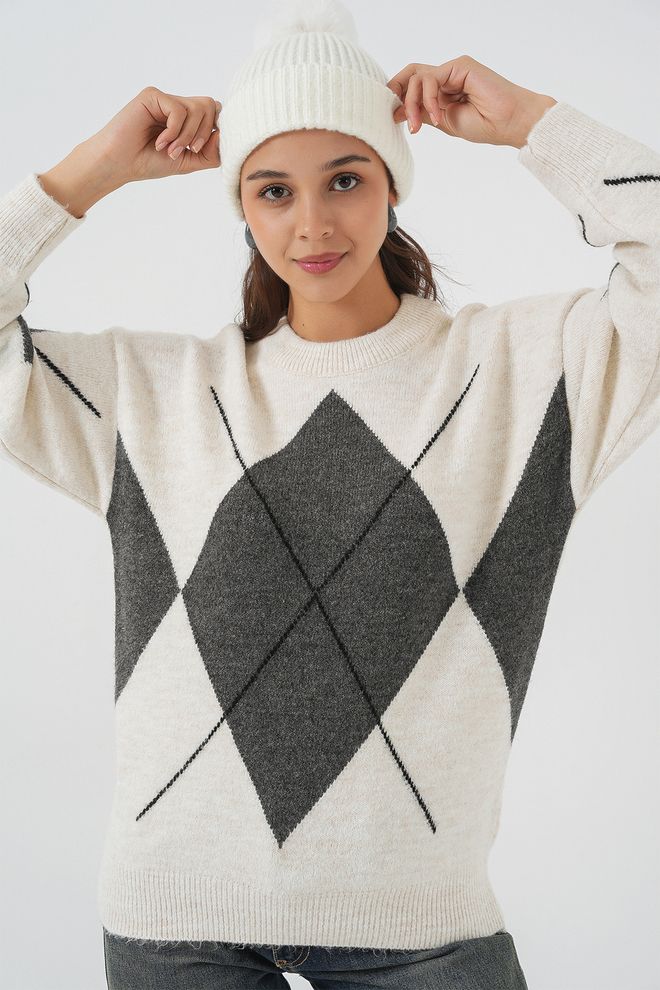 Bigdart Camisola Branca Argyle Com Decote Redondo Corte Casual Vintage Roupas por atacado A relaxar