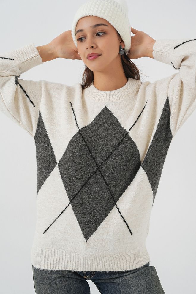 Bigdart Camisola Branca Argyle Com Decote Redondo Corte Casual Vintage Roupas por atacado Outono