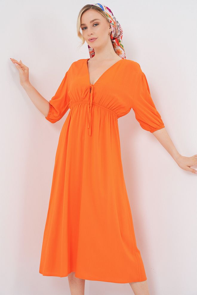 Bigdart Vestito Arancione Fit And Flare Con Scollo A V E Lunghezza Midi Abbigliamento all'ingrosso Modesto