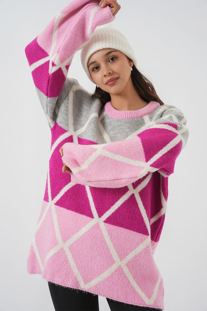 Bigdart Pink Oversized Fit Checkered Sweater Wholesale Clothing Casual