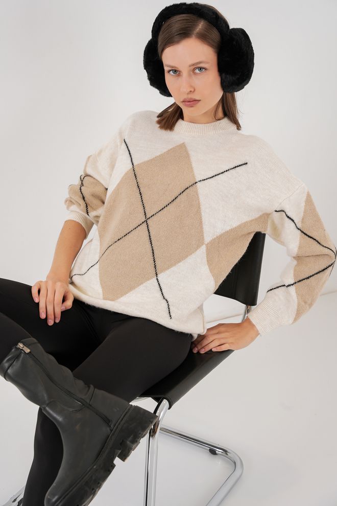 Bigdart Camisola Bege Com Padrão Argyle Tamanho Grande Decote Crew Roupas por atacado A relaxar