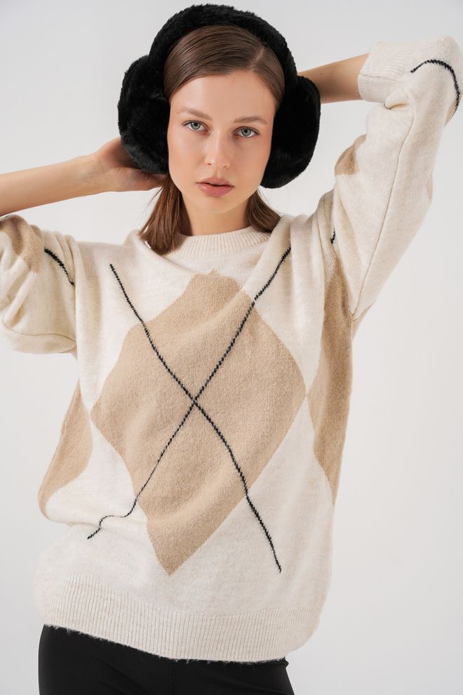 Bigdart Camisola Bege Com Padrão Argyle Tamanho Grande Decote Crew Roupas por atacado Casual