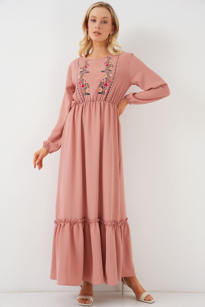 Bigdart Rožinė Gėlių Modest Smock Suknelė Su Ilgomis Rankovėmis Didmeninė prekyba drabužiais Apykaklė su įkirpimu