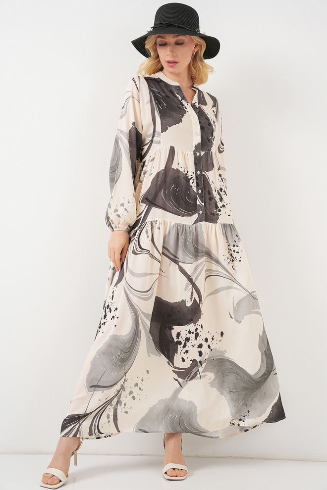 Bigdart Smėlio Spalvos Kukli Shift Su Tiesiais Ilgais Rankovėmis Ir Grandad Apykakle Didmeninė prekyba drabužiais Apykaklė su įkirpimu