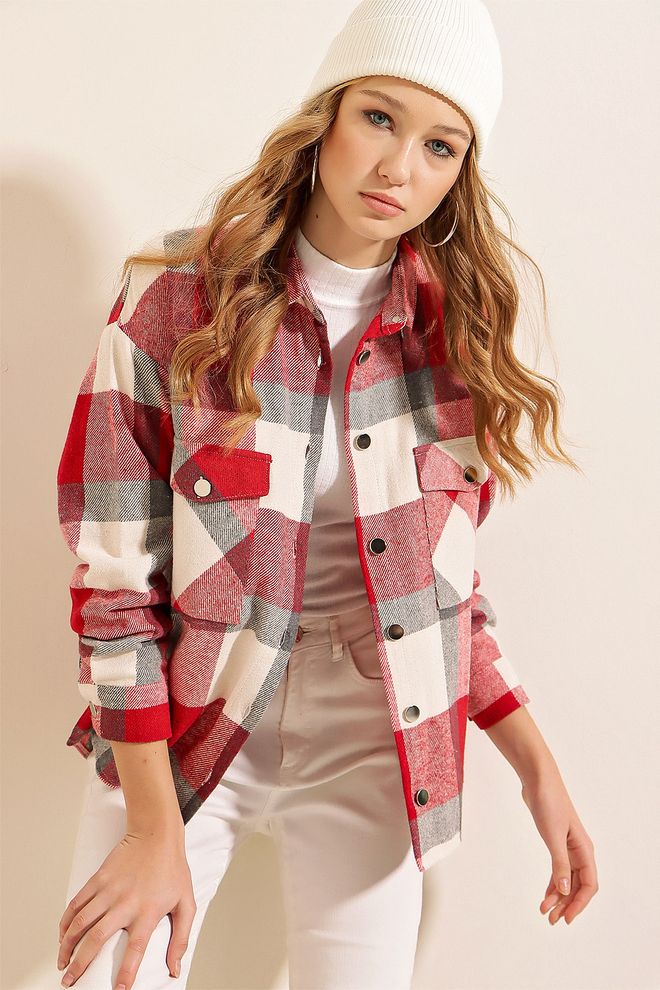 Bigdart Червена Каре Небрежна Риза За Улична Мода Дрехи на едро Небрежен