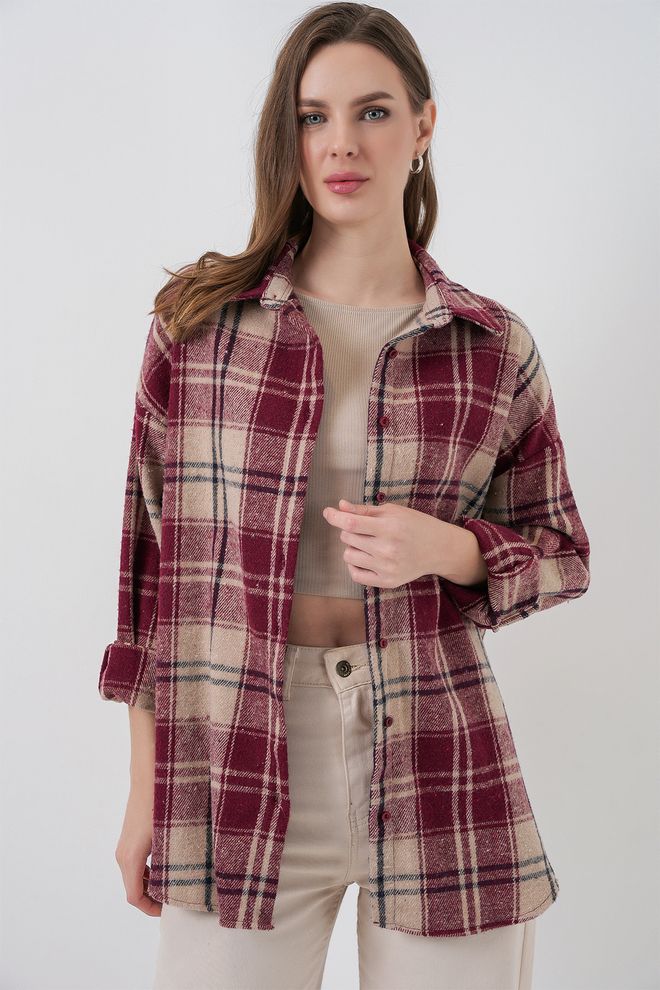 Bigdart Bordeauxrood Casual Oversized Geruite Shirt Met Knopen Groothandel Kleding Casual