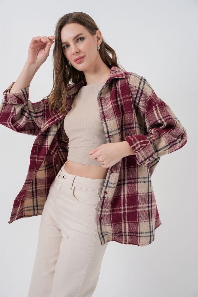 Bigdart قميص أرجواني داكن غير رسمي كبير الحجم منقوش بأزرار ملابس بالجملة الخريف