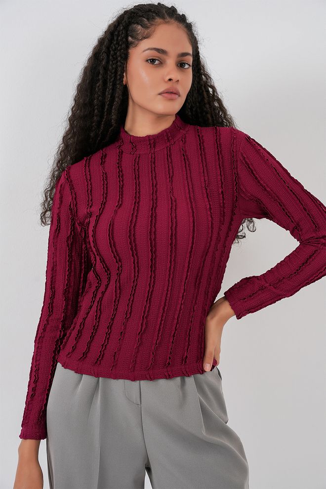 Bigdart Bluza Bordo Crvena Prugasta S Visokim Izrezom Veleprodaja odjeće Ležerni