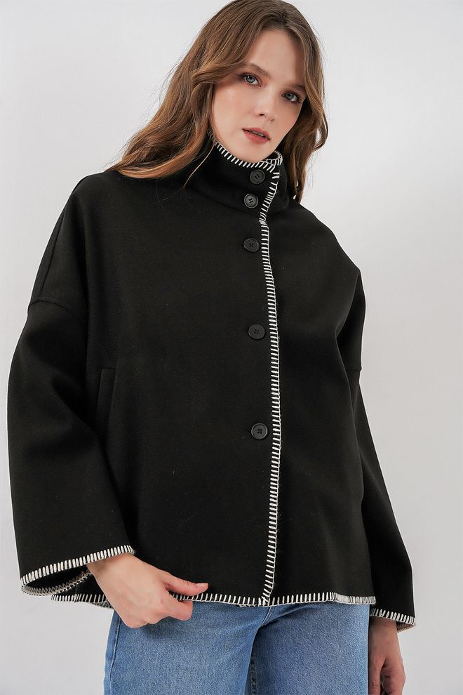 Bigdart Schwarzes Oversized Casual Poncho Mit Hohem Kragen Großhandelskleidung Modest