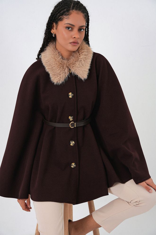 Bigdart Коричневый Элегантный Пончо С Зубчатым Вырезом И Длинными Рукавами Оптовая продажа одежды Повседневный