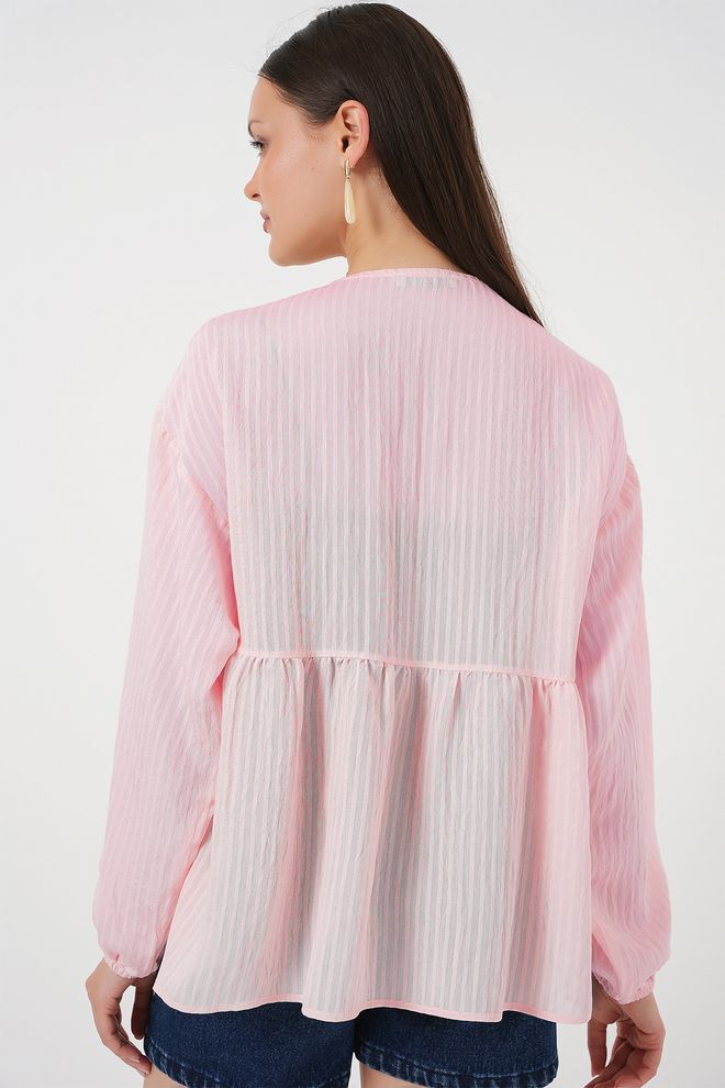 Bigdart Pink Striped V neck Long Sleeve Blouse Wholesale Clothing 1