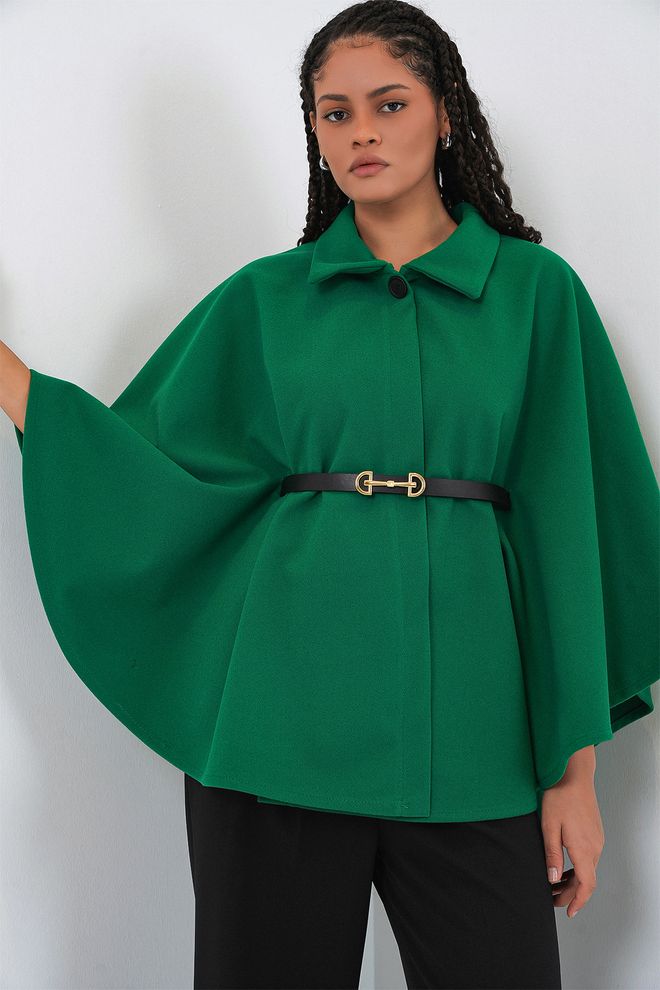 Bigdart Зеленое Элегантное Пончо С Зубчатым Вырезом Оптовая продажа одежды Повседневный