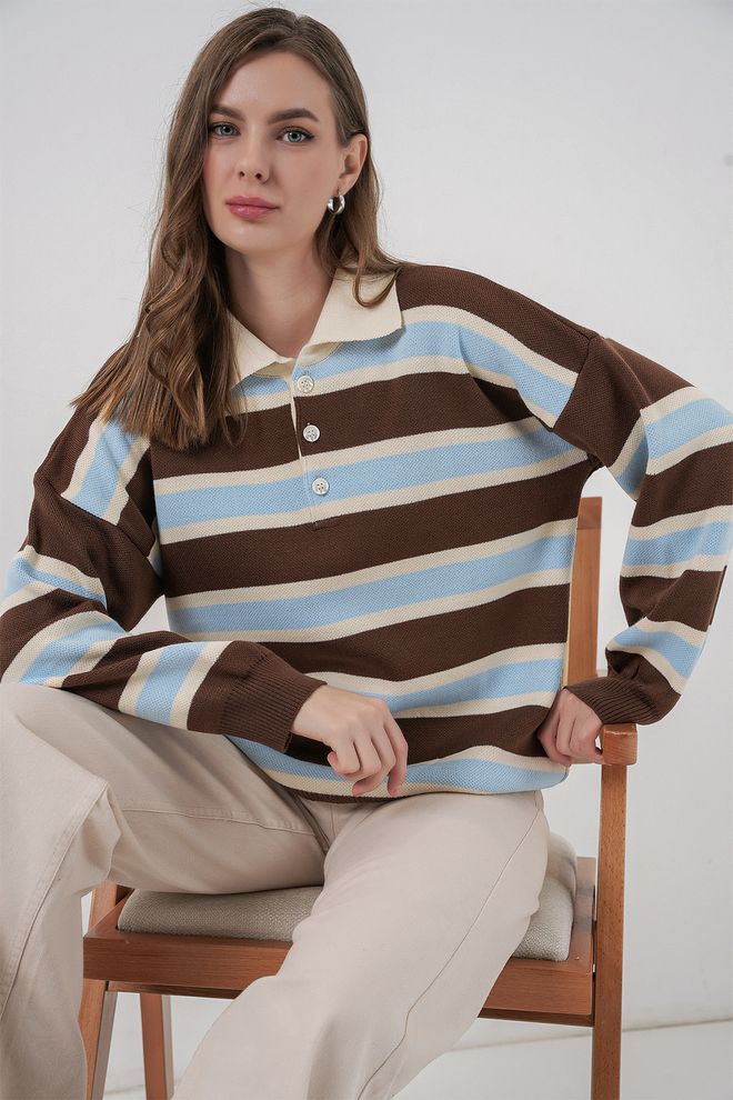 Bigdart Kahverengi Bol Kesim Çizgili Polo Yaka Kazak Toptan Giyim Gündelik