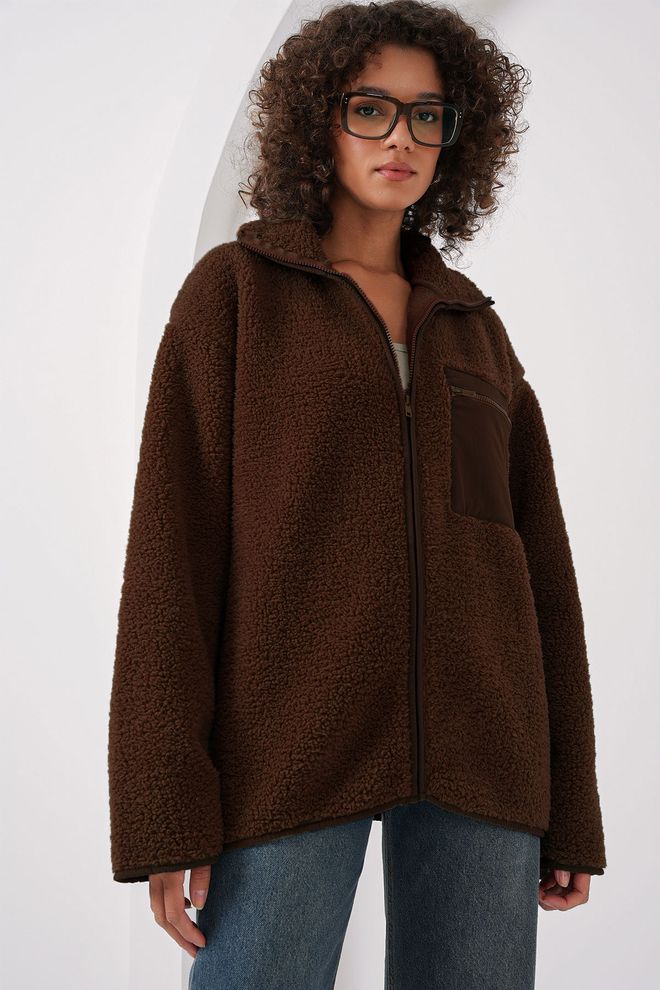 Bigdart Chaqueta Teddy Marrón Con Cuello Alto Y Bolsillos Con Cremallera Ropa al por mayor Casual