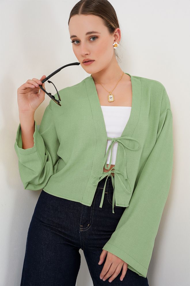 Bigdart Zelena Kimono Ležerno Etničen Eleganten Dolgi Rokav V izrez Oblačila na debelo Ležerno