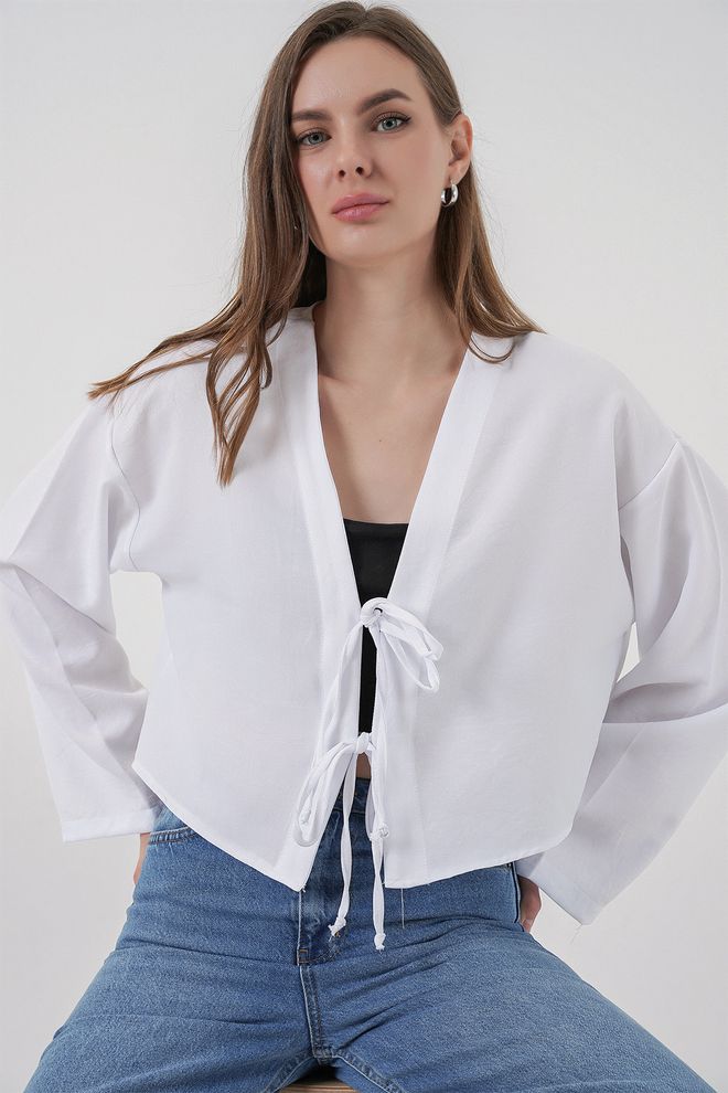 Bigdart Bela Kimono Ležerno Eleganten V izrez Kravata Obrezovanje Oblačila na debelo Ležerno