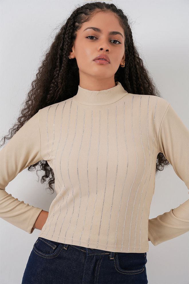 Bigdart Bež Prugasta Bluza S Visokim Izrezom I Dugim Rukavima Veleprodaja odjeće Ležerni