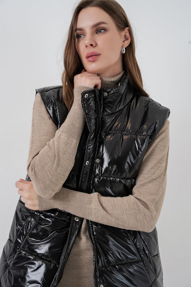 Bigdart Negro Casual Deporte Ropa De Calle Chaleco Largo Con Bolsillo Con Solapa Y Snap Ropa al por mayor Casual