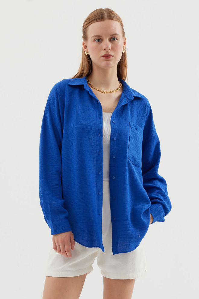 Bigdart Синя Риза С Копчета С Голям Размер И Небрежен Стил Дрехи на едро Небрежен
