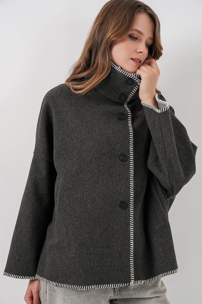 Bigdart Schwarzes Oversized Poncho Mit Hohem Kragen Großhandelskleidung Modest