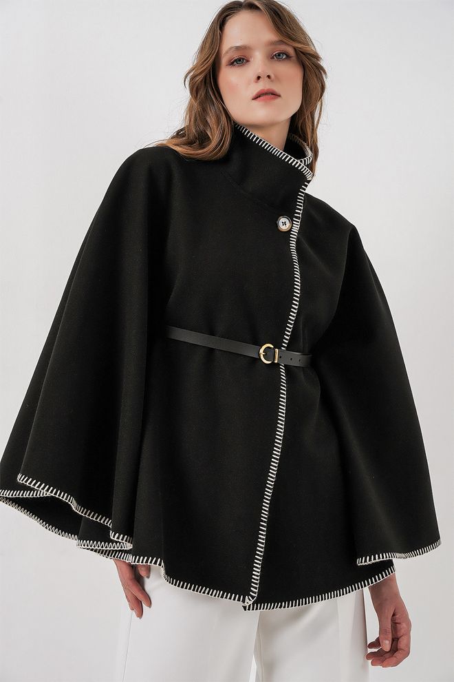 Bigdart Schwarzes Elegantes Poncho Mit Kappenärmel Großhandelskleidung Lässig
