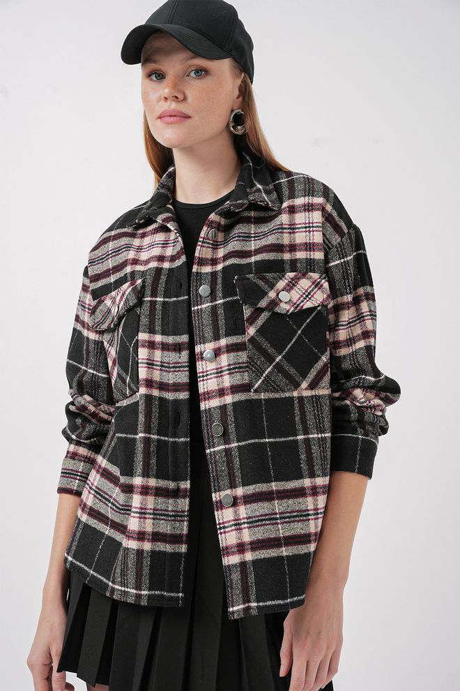 Bigdart Čierna Kockovaná Košeľa So Zapínaním Na Suchý Zips A Voľným Strihom Veľkoobchod s oblečením Neformálny