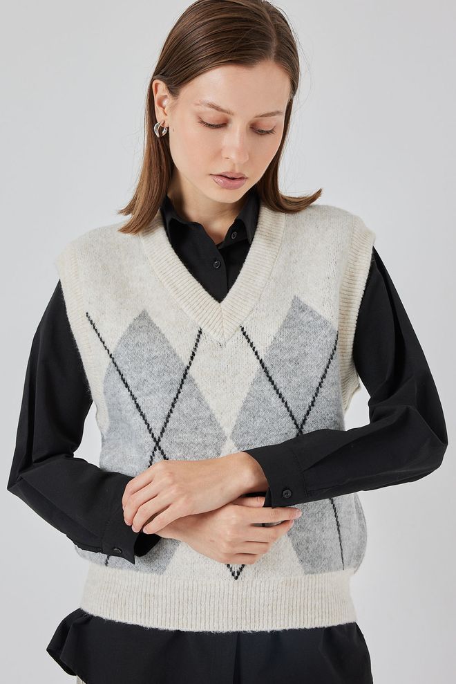 Bigdart Pull Over Blanc Sans Manches Motif Argyle Col En V Vêtements en gros Décontracté