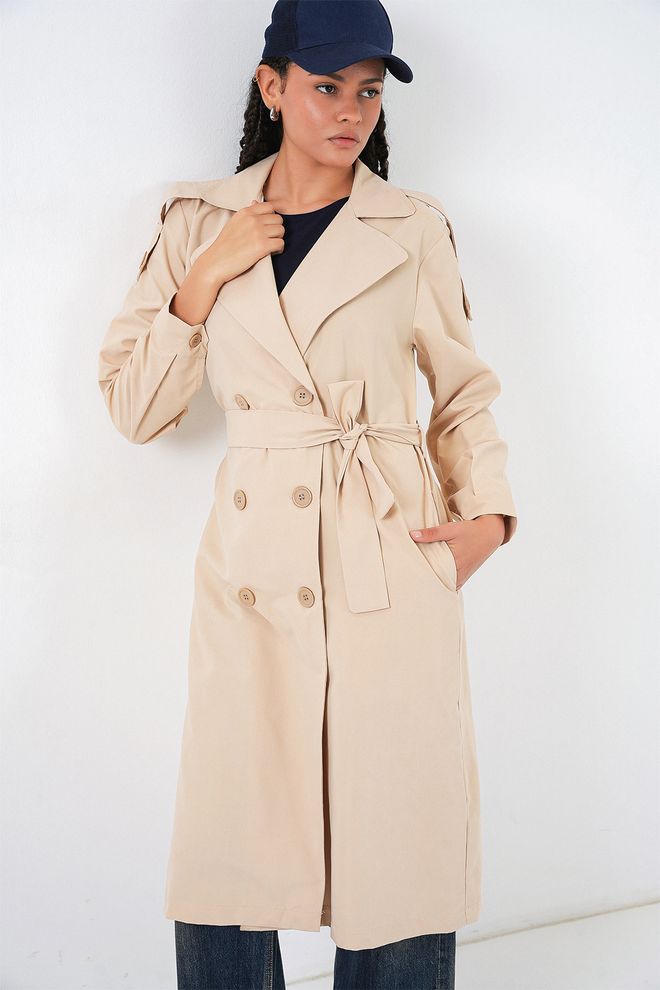 Bigdart Bej Trençkot Zarif Tek Düğmeli Palto Toptan Giyim Bahar