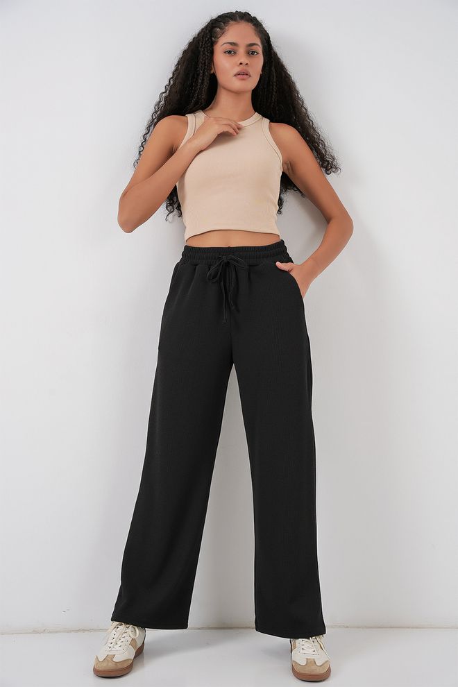 Bigdart Calças Palazzo Pretas Com Perna Larga E Cordão Roupas por atacado Casual