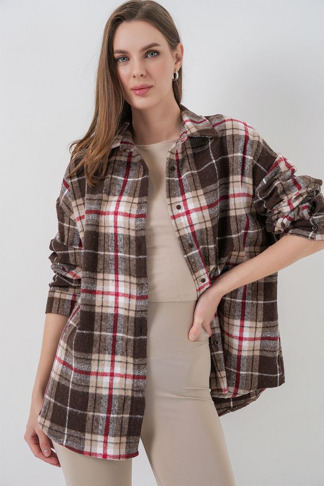 Bigdart Camisa Marron Oversize Xadrez Com Colarinho Shawl Roupas por atacado Casual