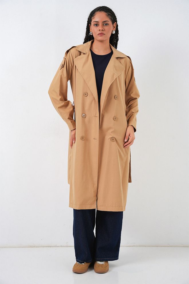 Bigdart Bej Trençkot Zarif Düğmeli Günlük Mont Toptan Giyim 1
