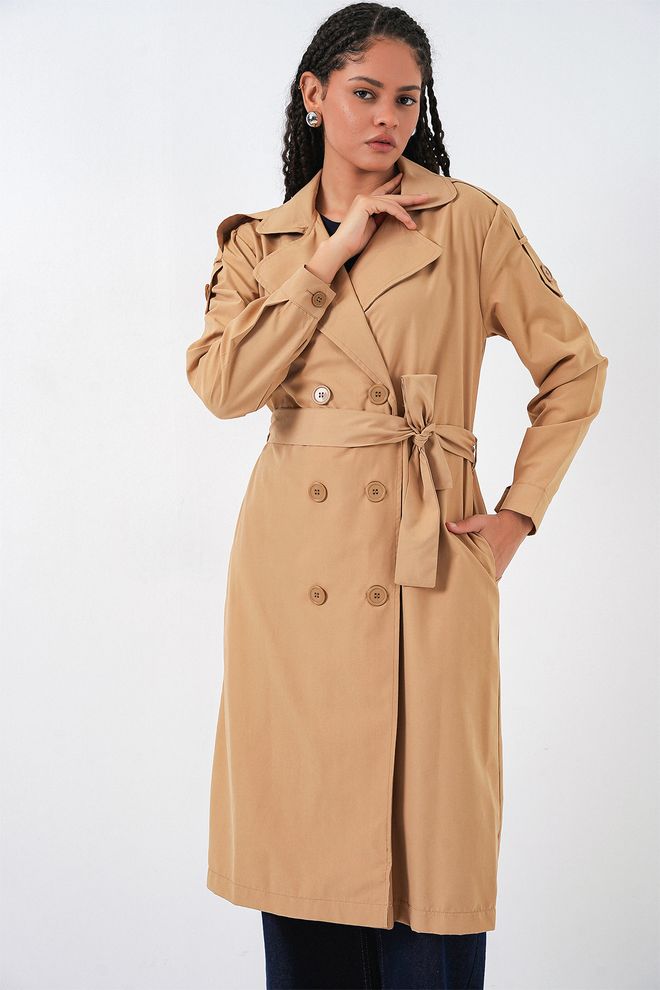 Bigdart Bej Trençkot Zarif Düğmeli Günlük Mont Toptan Giyim İş